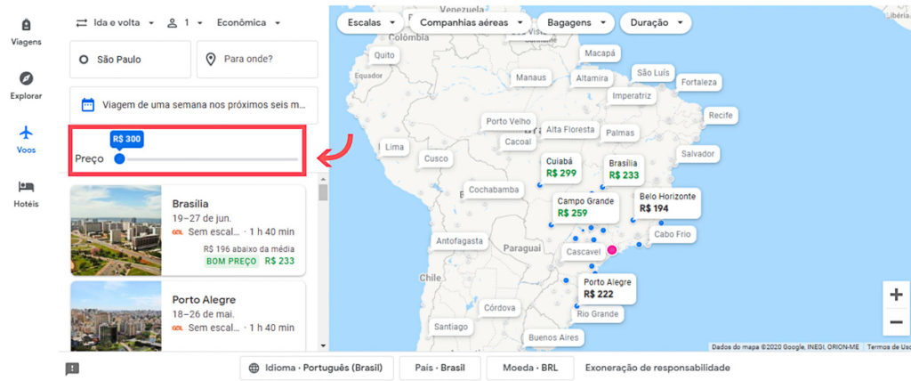 barra de preço com mapa no google flights
